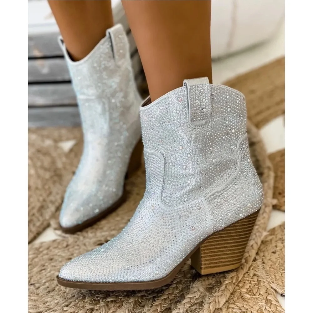 NEW Silver Western Style Bedazzled Cowboy Ankle Boots - Picture 1 of 16